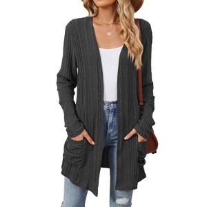 Women's Ribbed Long Sleeve Knit Cardigan with Pockets - 1 of 4