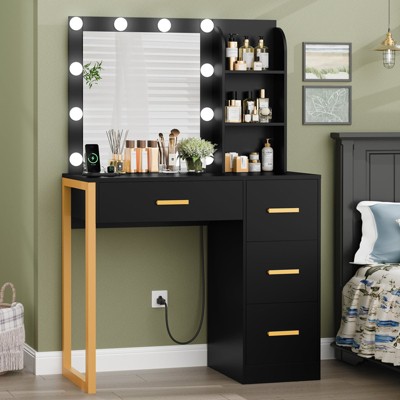 Makeup Vanity Desk with Mirror & Lights, Vanity Desk with 4 Drawers & Charging Station, 3 Color Modes, Vanity Table for Bedroom