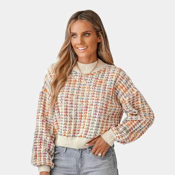 Women's Rainbow Stitching Drop Sleeve Cropped Sweater - Cupshe