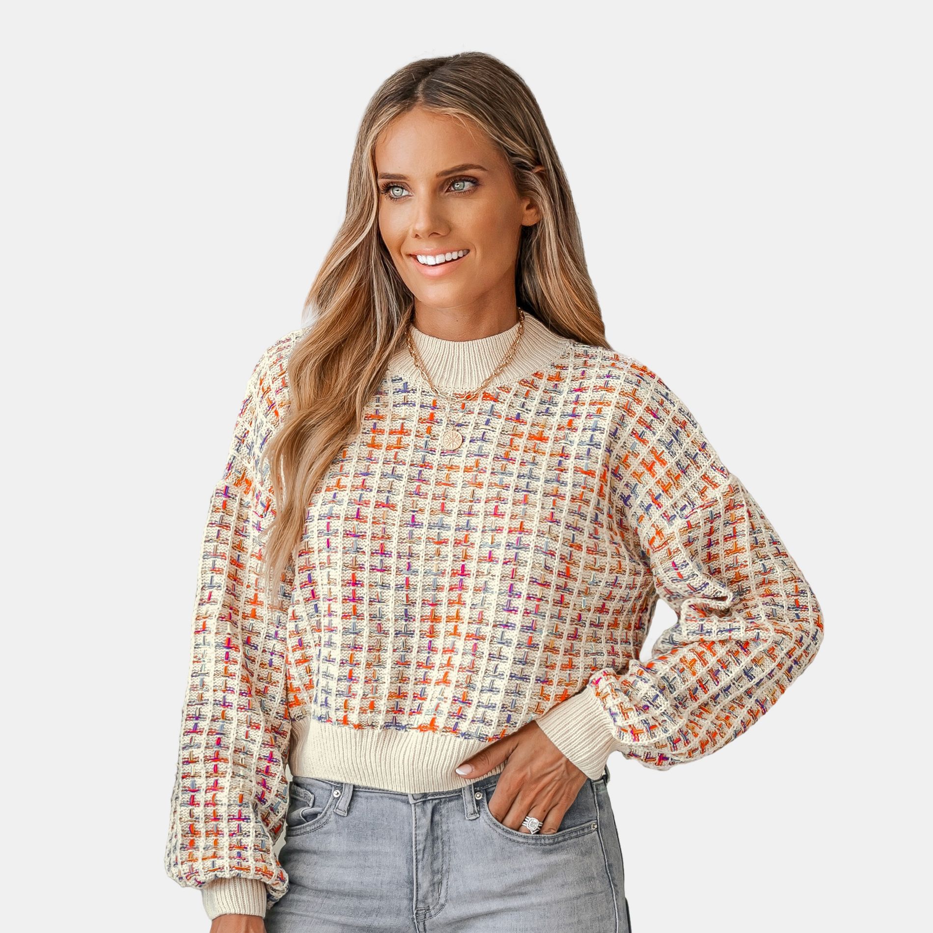 Women's Rainbow Stitching Drop Sleeve Cropped Sweater -Cupshe-M-Multicolored