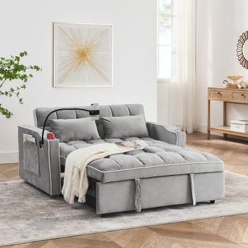 55.51" Pull Out Sleeper Sofa with Adjustable Back, 2-Seat Convertible Sofa Bed with USB Ports, Ashtray and Swivel Phone Stand 4M - ModernLuxe