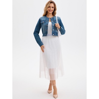 Женские куртки INSPIRE CHIC Women's Denim Collarless Button Down Chest Pocket Long Sleeve Jean Jackets Blue Medium — фото 3
