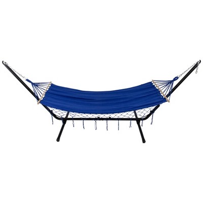 Northlight Hammock with Netted Fringe and Wooden Bars - 100 x 41 - Blue