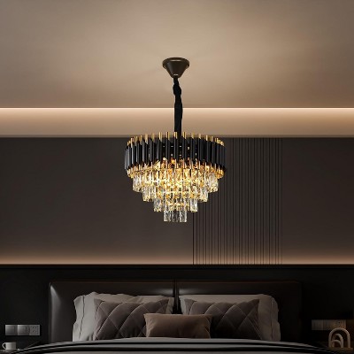 Luxurious 4-Tier Black and Gold Crystal Chandelier with 7 Lights