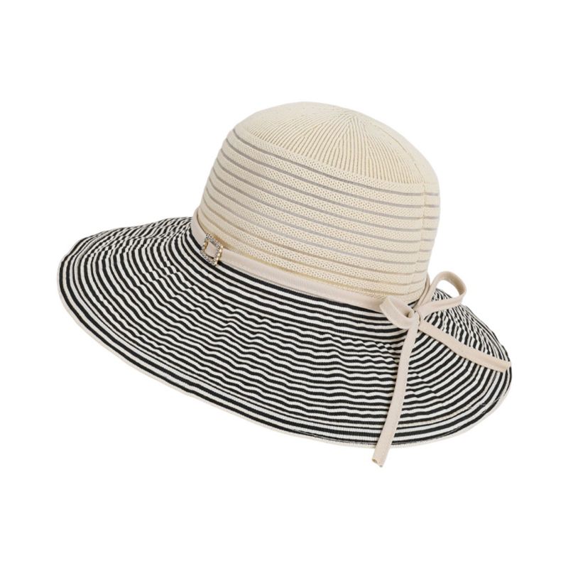Anna-Kaci Womens Wide Brim Straw Sun Hat with Contrast Stripe Brim Bow Detail Lightweight Beach Hat, Beige