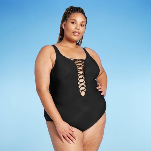 Women S Plus Size Lace Up One Piece Swimsuit Aqua Green Black 18w Target