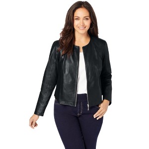 Jessica London Women's Plus Size Collarless Leather Jacket - 30 W, Black - 1 of 4