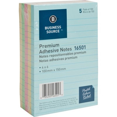 Business Source Adhesive Notes Ruled 4"x6" 100 Sh/PD 5/PK Pastel AST 16501