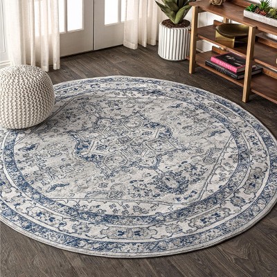 6' Round Modern Persian Vintage Medallion Area Rug, Light Grey/navy ...