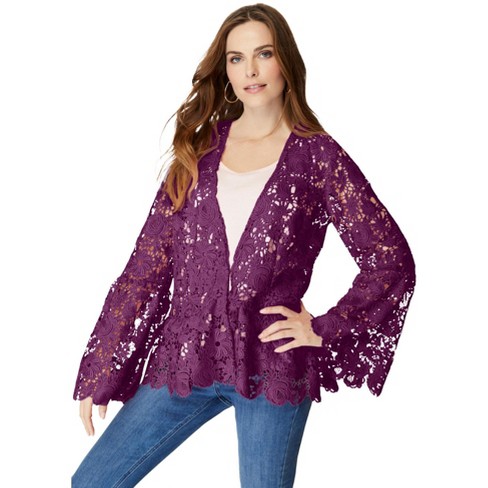 Roaman's Women's Plus Size Bell-Sleeve Lace Jacket - 38 W, Dark Berry