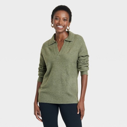 Women s Cozy Knit Polo Collar Pullover Sweater A New Day Green Xl Target