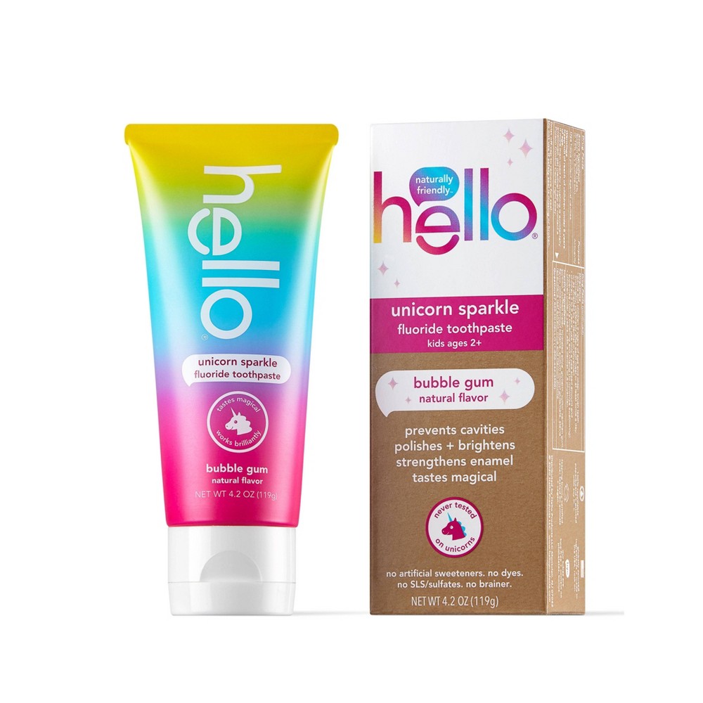 hello Kids Unicorn Sparkle Fluoride Toothpaste with Natural Bubble Gum Flavor  Vegan  SLS & Gluten Free, 4 Count