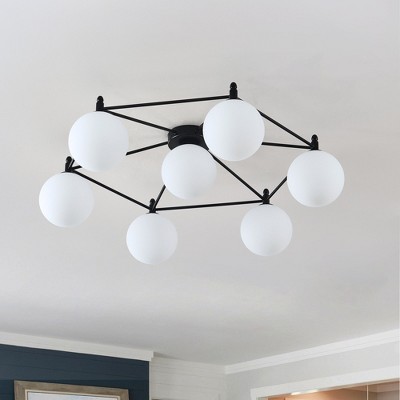PAKOKULA Farmhouse 7-Light Black Sputnik Hexagon Semi-Flush Mount Ceiling Light with Opal Glass Shades