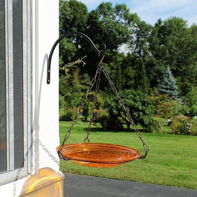 Mandarin Orange Crackle Glass Birdbath Bowl with Stand