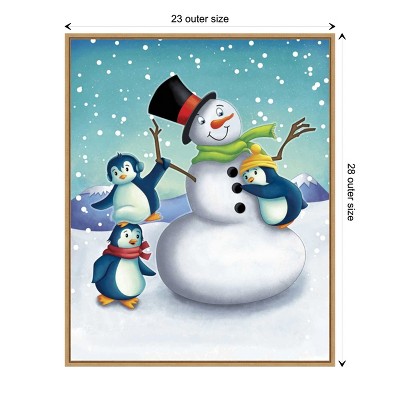 Joyful Snowman and Penguins Framed Canvas Wall Art