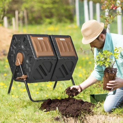 VYNXARIA Dual Chamber Compost Tumbler Bin, Outdoor Tumbling Composter with 24 Ventilation Openings and Steel Legs, 34.5 Gallon