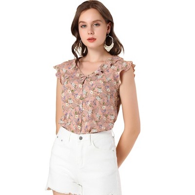 Allegra K Women's Ruffle V Neck Flutter Sleeve Button Down Floral Shirt
