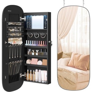 LED Jewelry Cabinet Wall/Door Mounted with Lock, Rounded Wide Mirror & Interior Storage, 3.9x16.5x42.5 Inches, White - 1 of 4