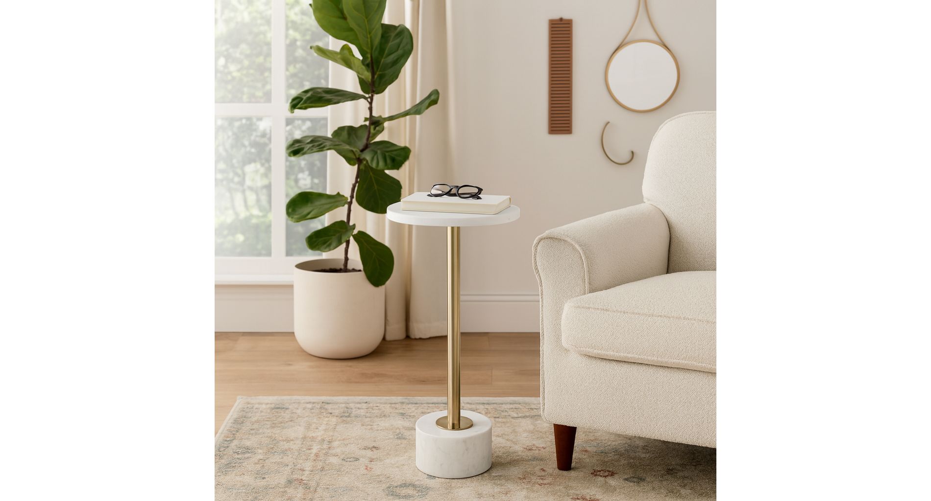 Round End Table or Side Table for Room Decor - Elegant Metal Bedside Table with Marble Top for Home, Bedroom, or Living Room Decor - 25" White & Gold