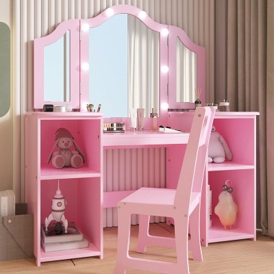 Princess Makeup Vanity Set for Girls - Tri-Fold Mirror, Storage Shelves & Chair, Wooden Dressing Table for Toddler Pretend Play
