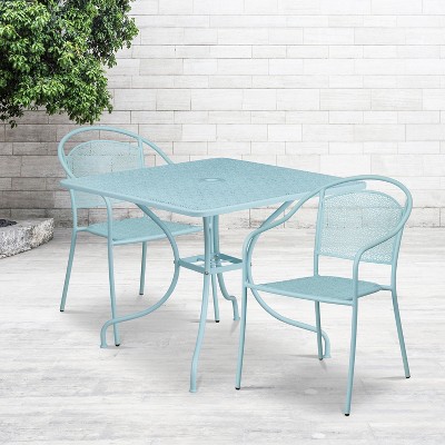 Sky Blue Square Steel Patio Dining Set with 2 Chairs