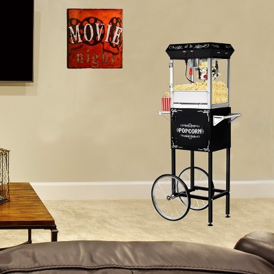 Black Stainless Steel Popcorn Machine with Cart and Heated Tray
