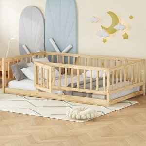 CAVINAS Twin/Full Size Kids Floor Bed Frame,Montessori Toddler Bed with Slat,Fence&Door,Wooden Floor Bed for Girls,Boys - 1 of 4
