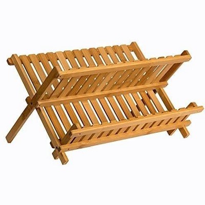 2 Tier Wooden Bamboo Dish Drainer and Drying Rack Collapsible Compact Plate Rack for Kitchen - Homeitusa