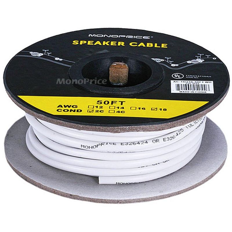 Monoprice Speaker Wire, CL2 Rated, 2-Conductor, 18AWG, 50ft, White, 2 of 3