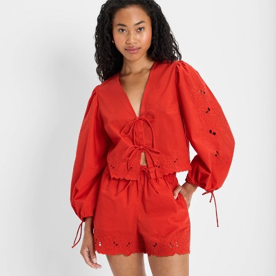 Women Long Sleeve Eyelet Tie-Front Poplin Blouse - Future