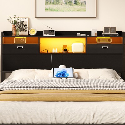 Aheaplus Storage Headboard with Power Outlet and RGB LED Lights, Head Board with Fabric Drawers