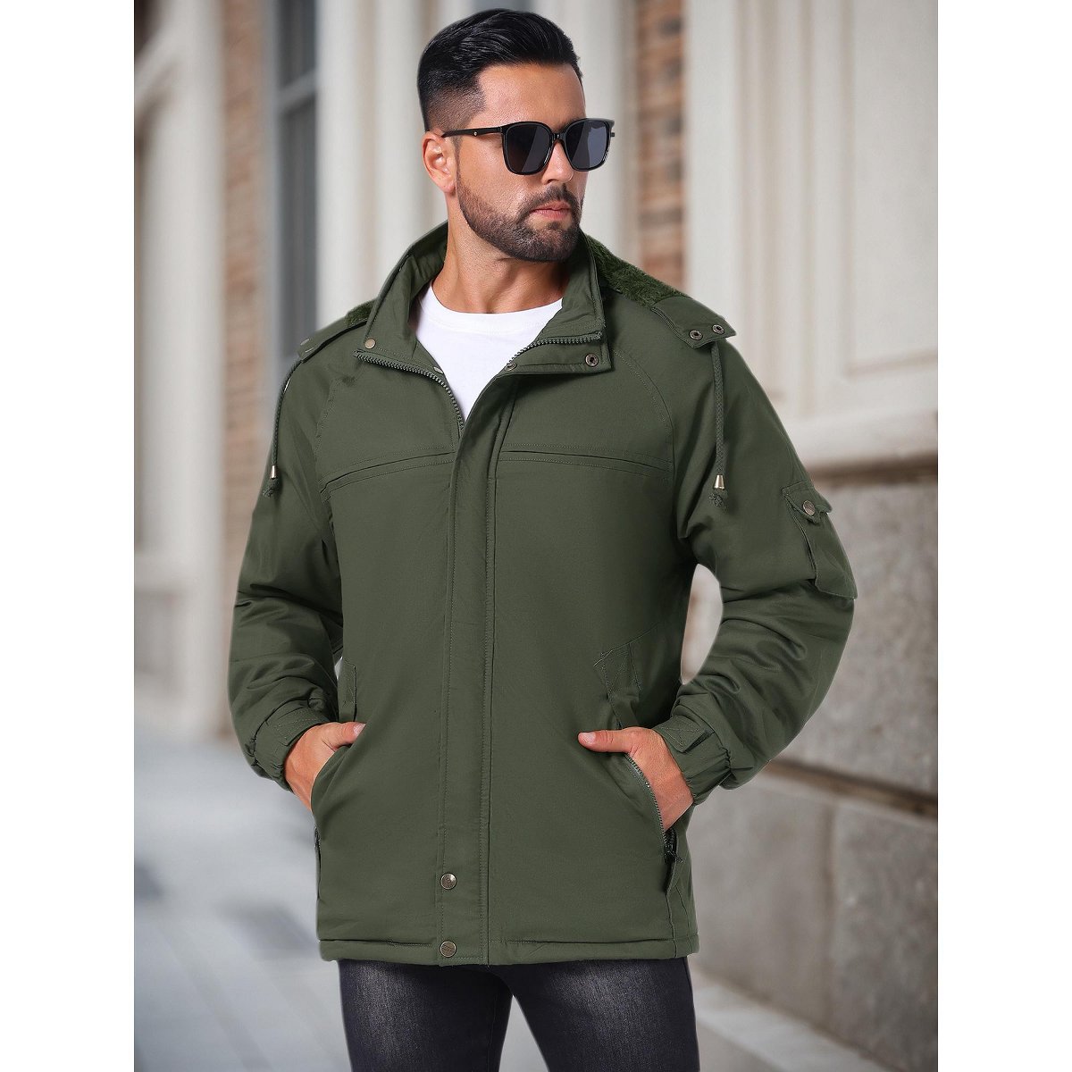 Мужские куртки INSPIRE CHIC Men's Winter Warm Fleece Lined Thicken Hooded Work Parka Jacket Large Dark Green — фото 4