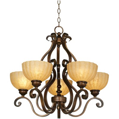 Franklin Iron Works Golden Bronze Chandelier 28" Wide Scroll Arms Amber Scalloped Glass 5-Light Fixture Dining Room House Entryway