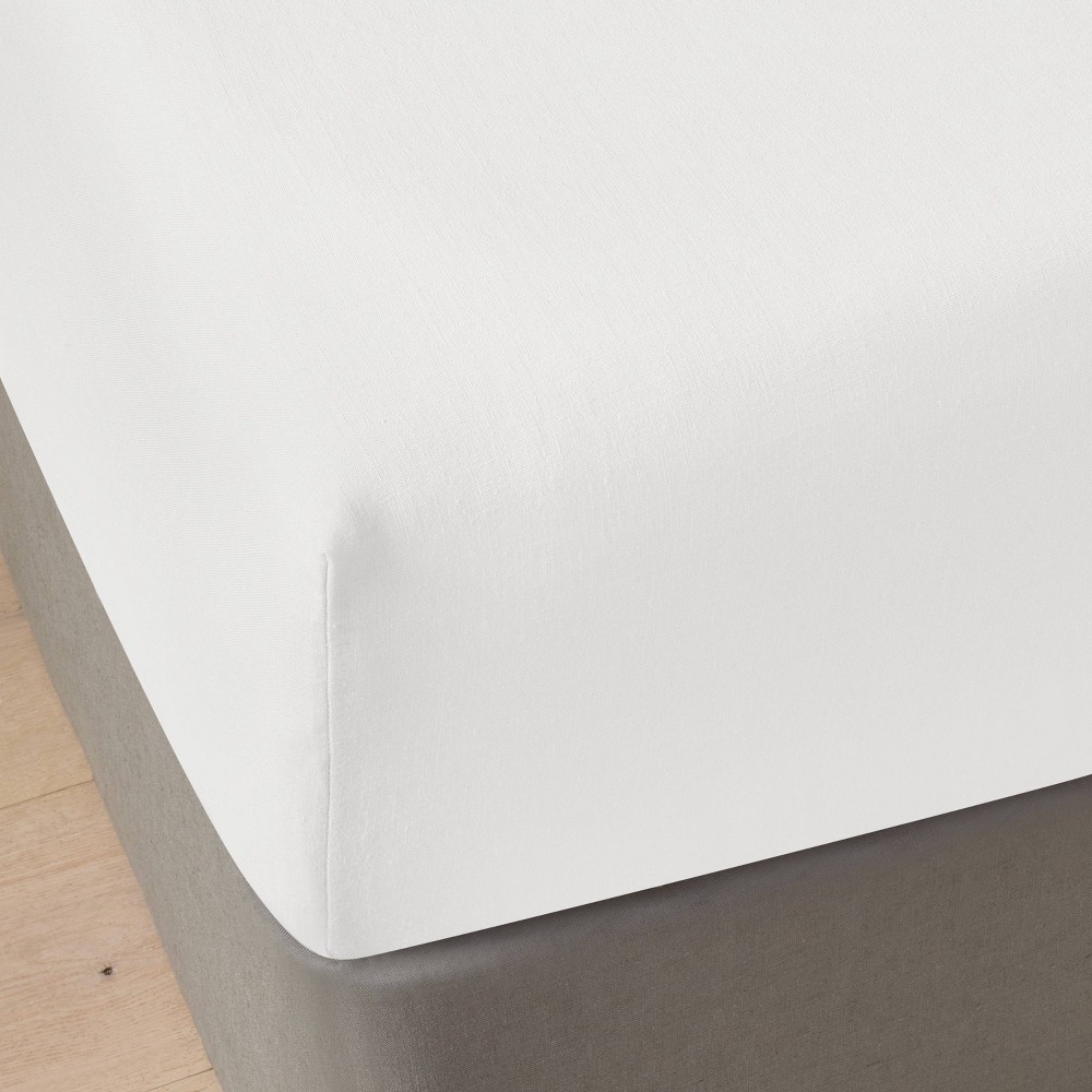 Photos - Bed Linen Queen Linen Blend Fitted Sheet White - Casaluna™