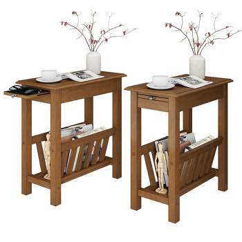 Tangkula 2PCS End Table Pull-out Tray Shelf Accent Nightstand Rubber Wood Leg Rustic Oak