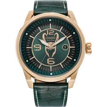 Citizen Marvel Eco-Drive featuring Loki 3-hand Gold IP Green Leather Strap