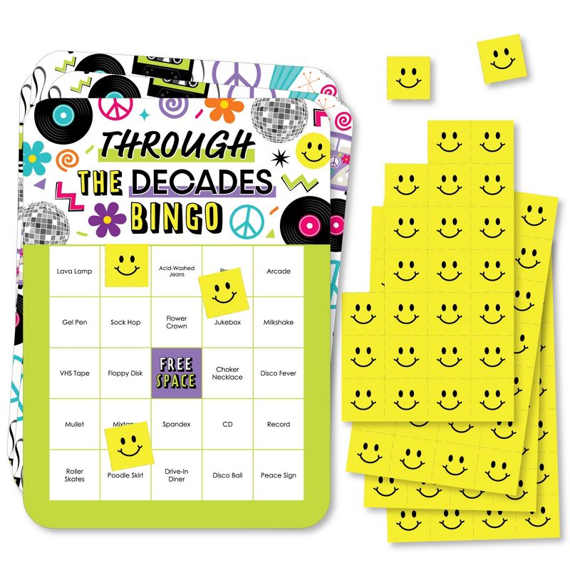 Big Dot of Happiness Through the Decades - Bingo Cards and Markers - 50s, 60s, 70s, 80s, and 90s Party Bingo Game - Set of 18, 1 of 6