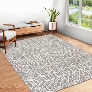 Faux Wool Boho Vintage Floral Printed Area Rug Ultra Thin Low Pile Machine Washable Stain Resistant Non Shedding Pet Friendly Floor Rug with Non Slip - 1 of 4