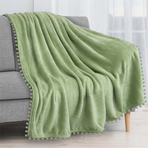 PAVILIA Fleece Pom Pom Blanket Throw for Sofa Bed Soft Lightweight Pompom Fringe Blanket for Couch Sage Green Throw 50x60