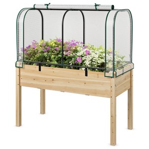Costway Wood Raised Garden Bed with Greenhouse Cover Mini Portable Greenhouse Kit Green/White+Gray/Beige - 1 of 4