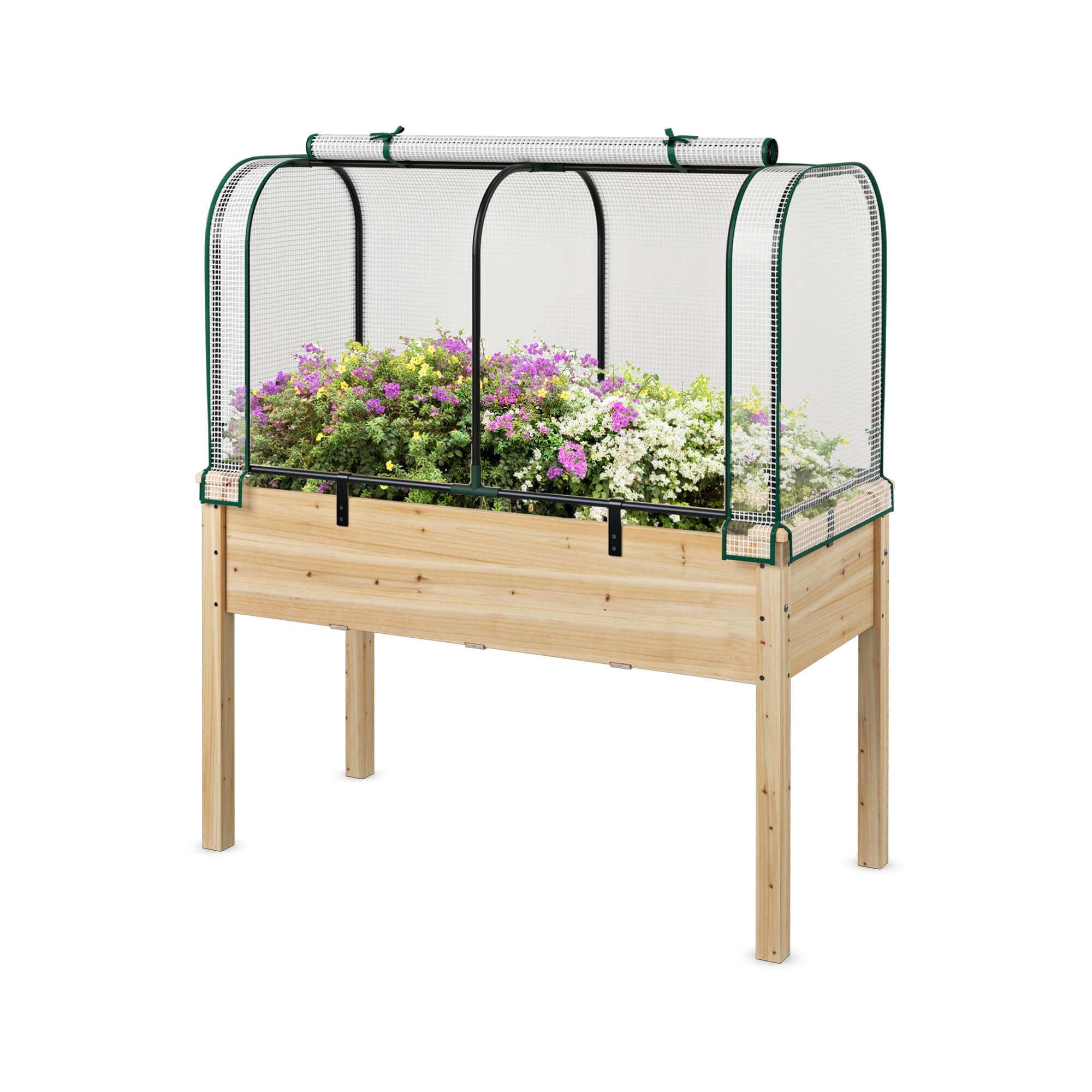 Costway Wood Raised Garden Bed with Greenhouse Cover Mini Portable Greenhouse Kit White+Beige