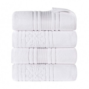 Zero Twist Cotton Solid and Floral Jacquard Bath Towel Set of 4 by Blue Nile Mills - 1 of 4