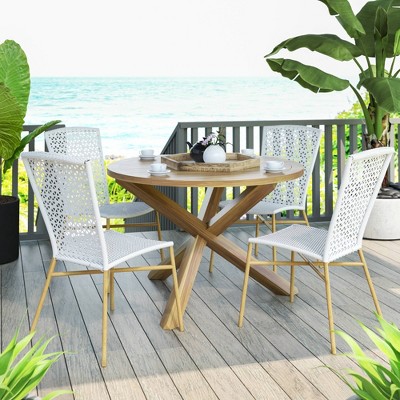 5pc Outdoor Acacia Dining Set With Round Table & Wicker Chairs - White