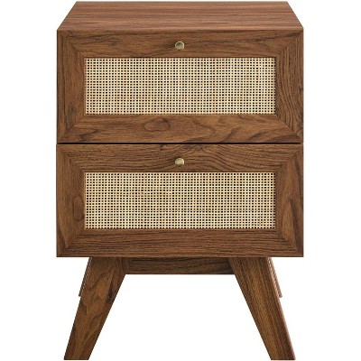 Walnut and Rattan 2-Drawer Nightstand with Splayed Legs