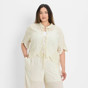 Women's Short Sleeve Embroidered Tie-Front Blouse - Future Collective - 1 of 3
