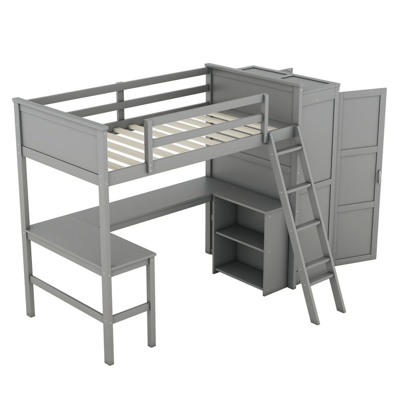 Full/Twin Size Wood  Loft Bed with Desk, Shelves and Wardrobe 4A -ModernLuxe, 5 of 12