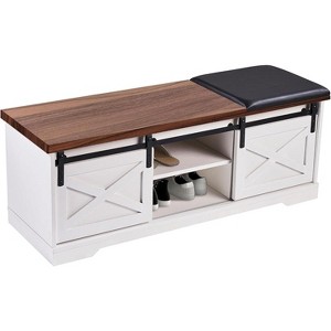 Acekool 47" White Shoe Bench with Sliding Doors & Cushion, Farmhouse Entryway Storage Bench with Hidden Compartment and Adjustable Shelves - 1 of 4
