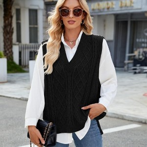 Oversized Sweater Vest for Women V Neck Sleeveless Solid Color Loose Pullover Sweater - 1 of 4