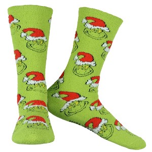 Dr. Seuss Adult The Grinch Santa Hat Fuzzy Cozy Anti-Slip Crew Socks 1 Pair (OSFM) Green - 1 of 4