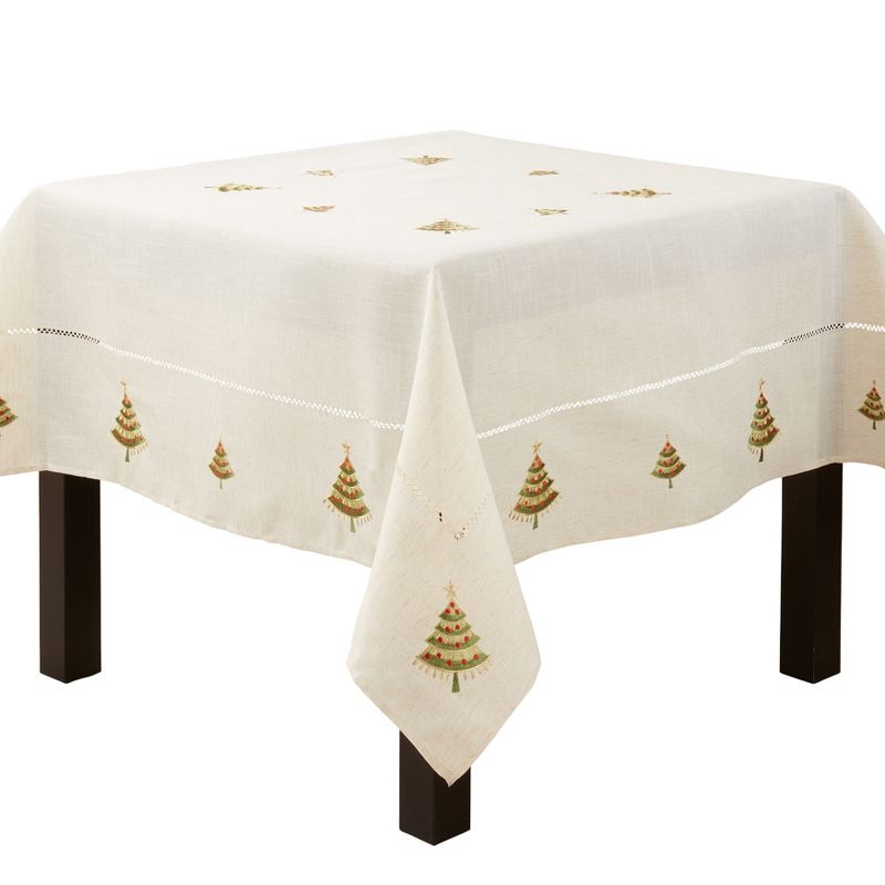 Saro Lifestyle Holiday Tablecloth With Embroidered Christmas Tree Design, Natural, 70" x 70", 1 of 5